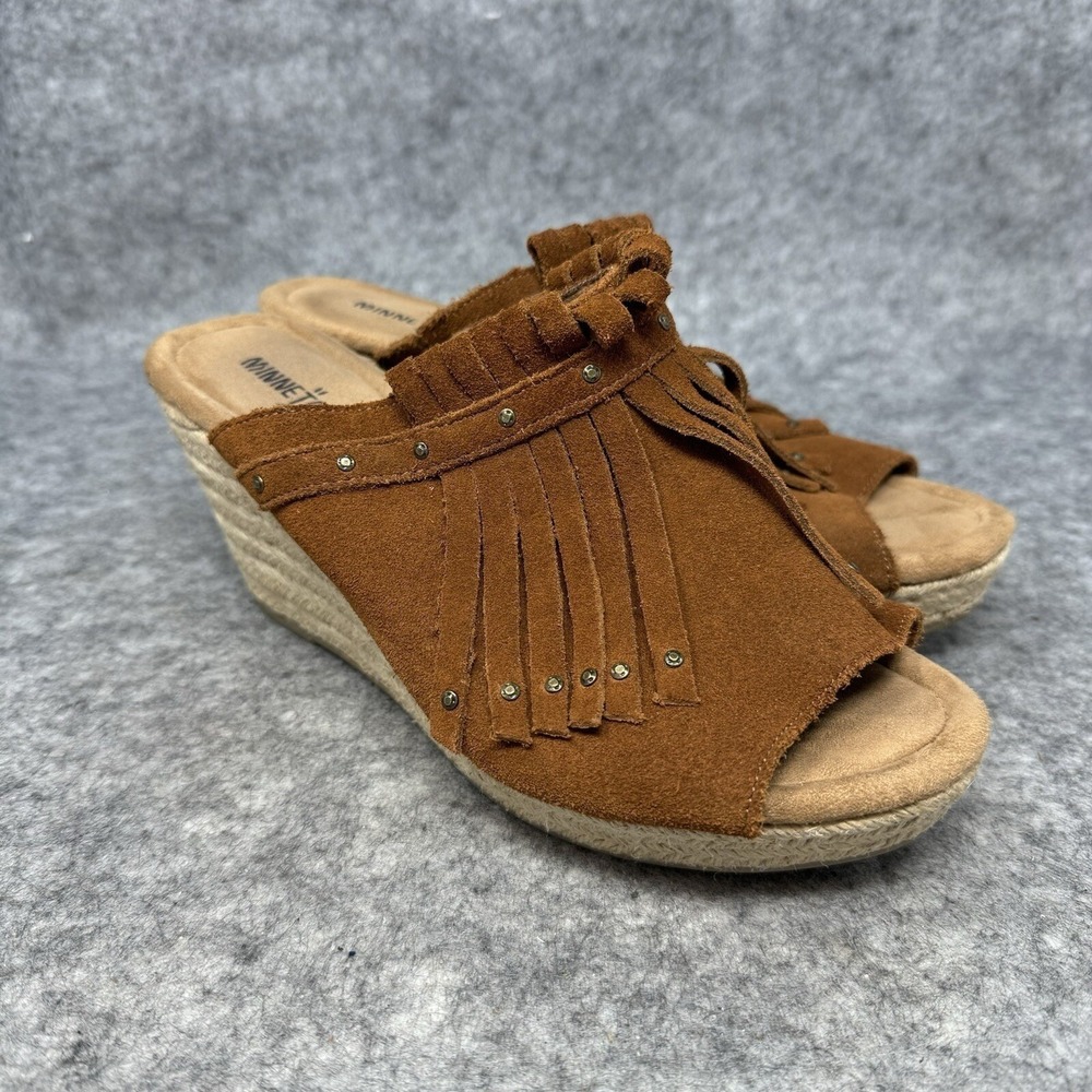 Minnetonka Suede Fringe Espadrille Wedge Sandals Sz 8 Mule Western Festival